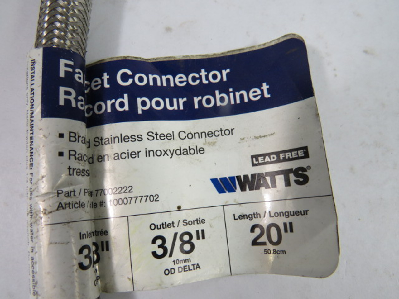 Watts 77002222 Braided Stainless Steel Connector 3/8" Outlet 20" Length ! NEW !