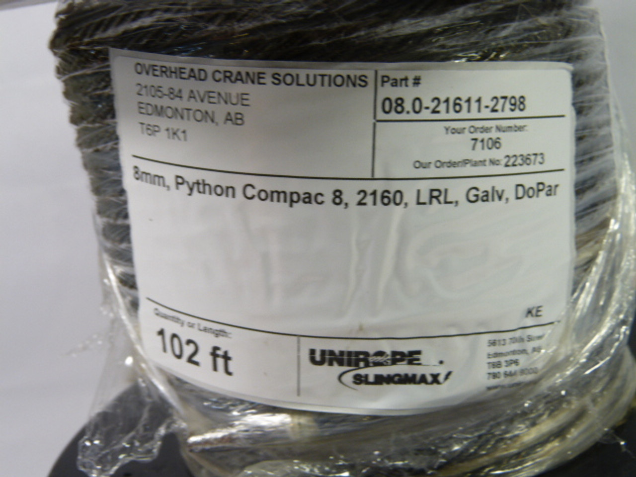 OverheadCraneSolutions 08.0-21611-2798 8MM Python Compac 2160 102Ft ! NOP !