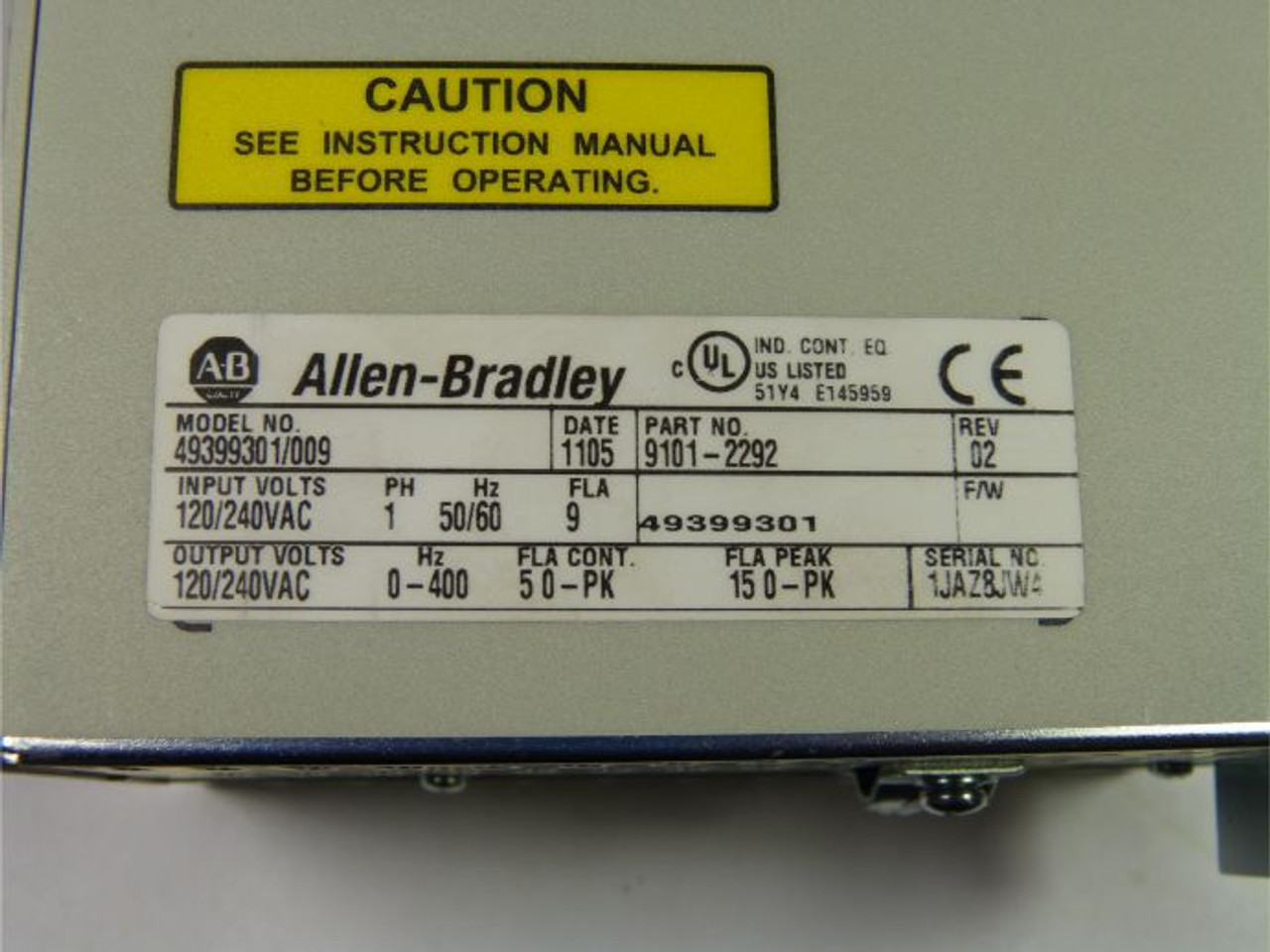Allen-Bradley 9101-2292 Ultra Series Servo Drive 50/60Hz 1Ph 240VAC USED