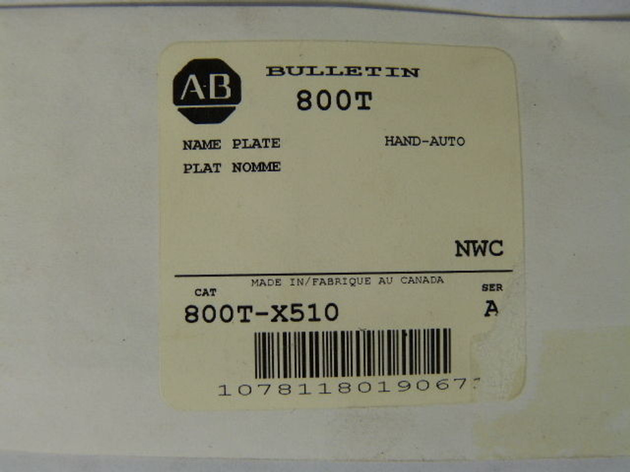 Allen-Bradley 800T-X510 Legend Plate - Hand-Auto! NEW !