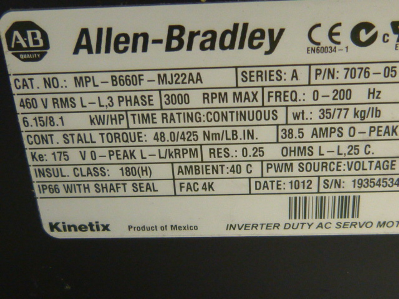 Allen-Bradley MPL-B660F-MJ22AA Servo Motor 460V 48.0Nm 0.25 Ohms 38.5A ! NOP !