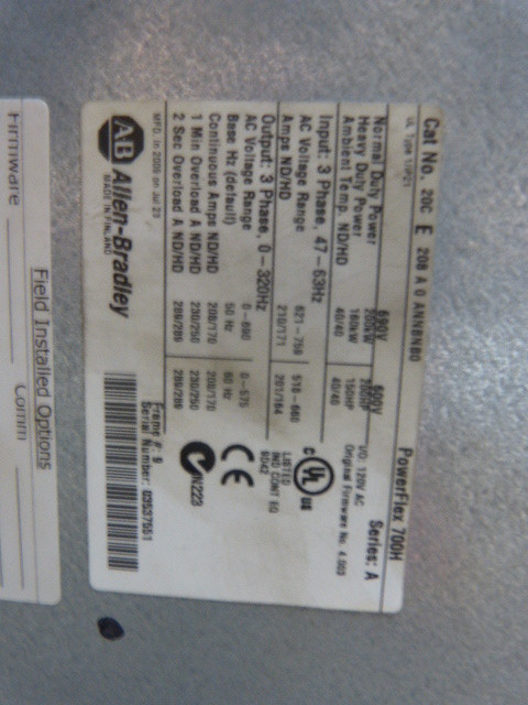 Allen-Bradley 20CE208A0ANNBNB0 AC Drive 600 Vac 3 PH 208 Amps USED