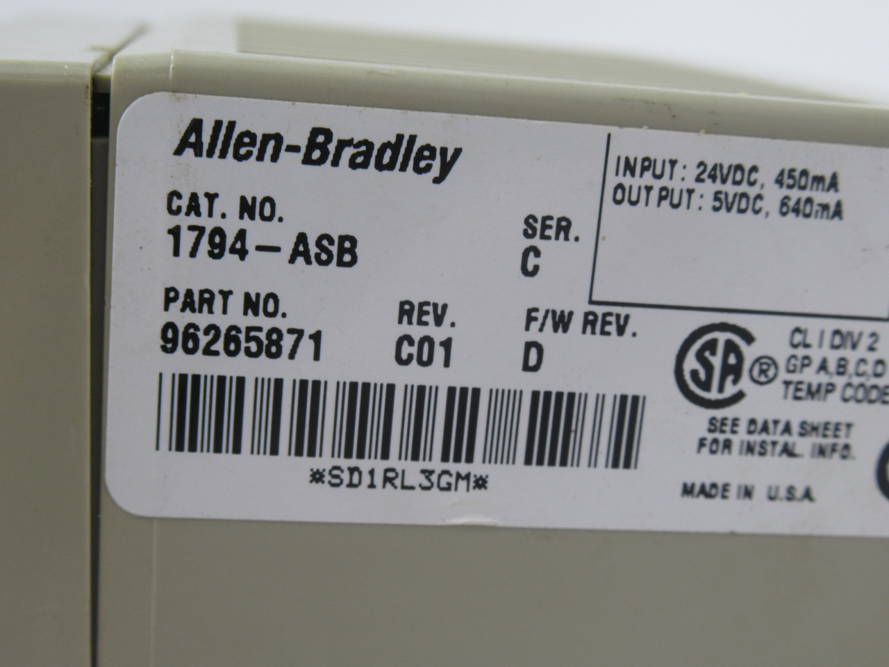 Allen-Bradley 1794-ASB Ser C Flex I/O 24VDC Adapter 96265871 Rev C01 USED