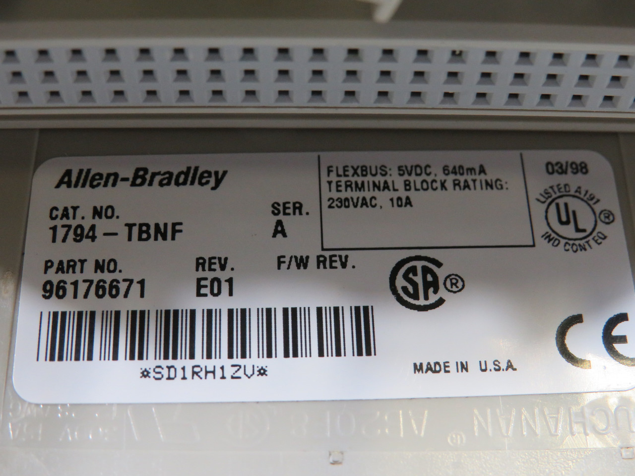 Allen-Bradley 1794-TBNF SerA Flex I/O Terminal Base 96176671 Rev E01 USED