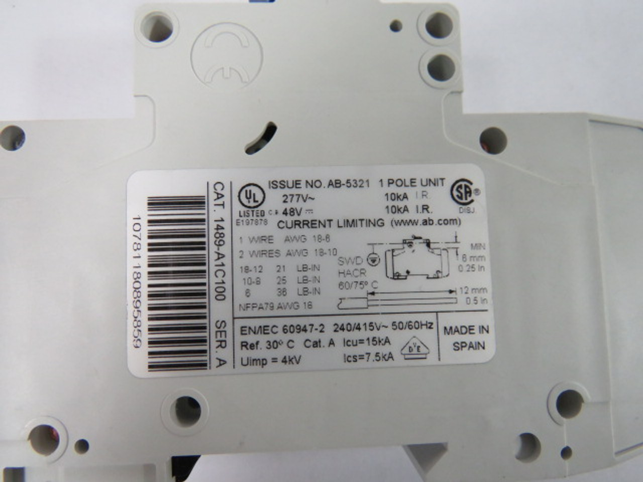 Allen-Bradley 1489-A1C100 Circuit Breaker 10A 1Pole 277VAC USED