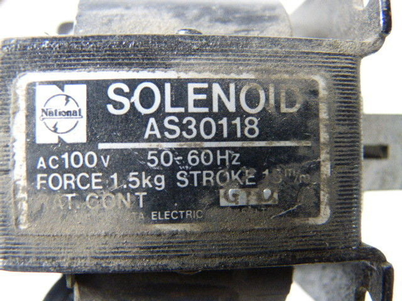 National AS30118 Solenoid Coil 1.5kg Force 15mm Stroke 100VAC 50/60Hz USED