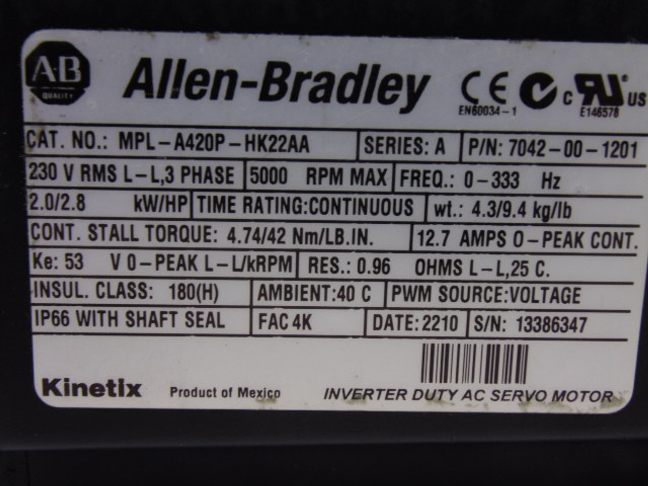 Allen-Bradley MPL-A420P-HK22AA Servo Motor Damaged USED