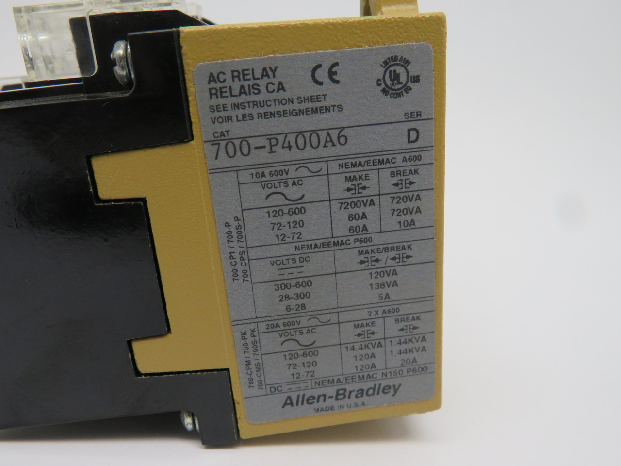 Allen-Bradley 700-P400A6 Control Relay 4NO 10Amp 575-600V DMG BOX NEW