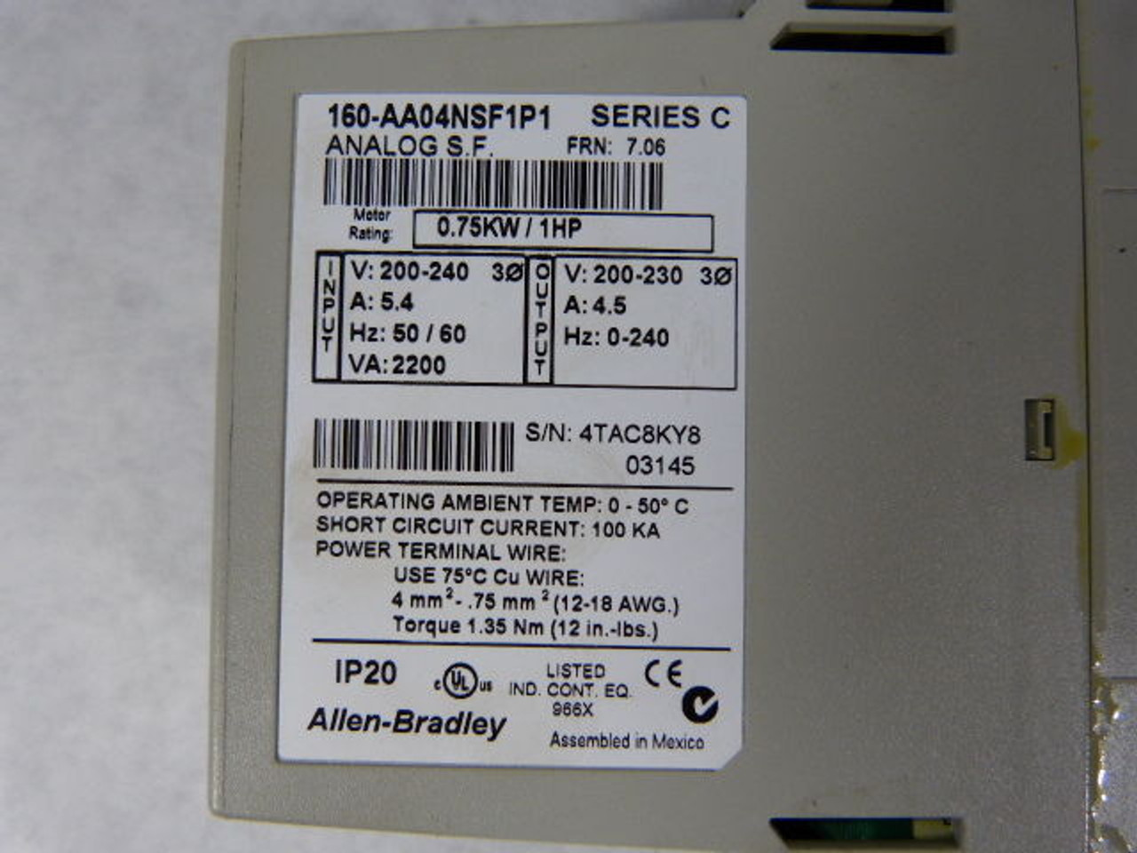 Allen-Bradley 160-AA04NSF1P1 Speed Controller 1HP 200-240V 3 Phase USED