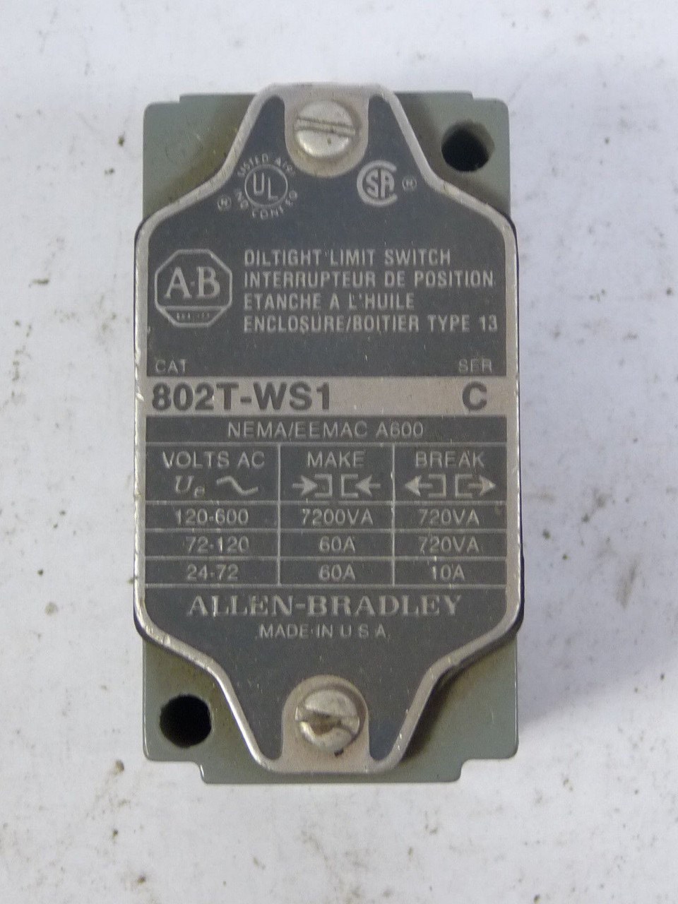 Allen-Bradley 802T-WS1 Limit Switch 600VAC Max 10AMP USED