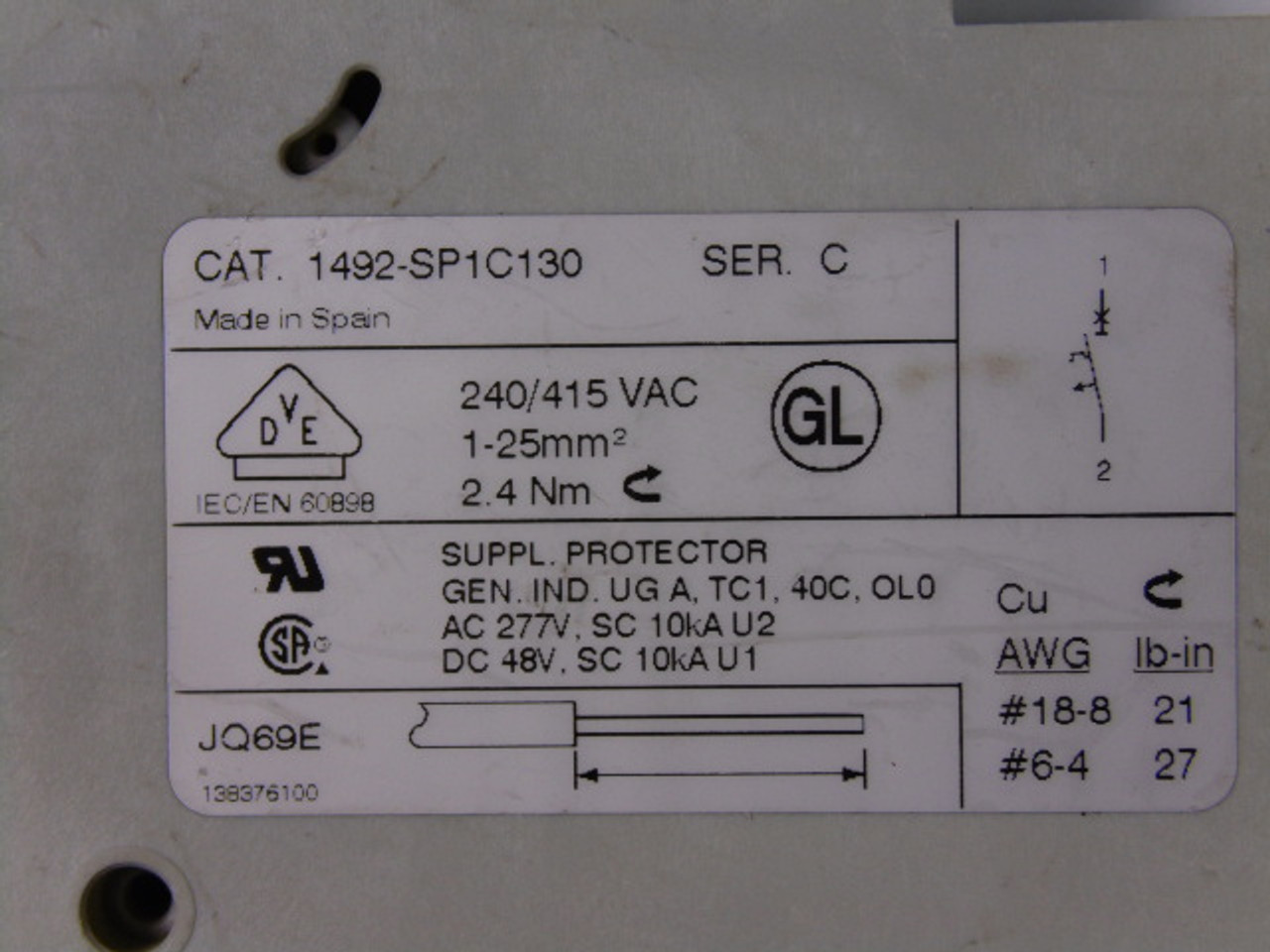 Allen-Bradley 1492-SP1C130 Miniature Circuit Breaker 246/415VAC 13A USED