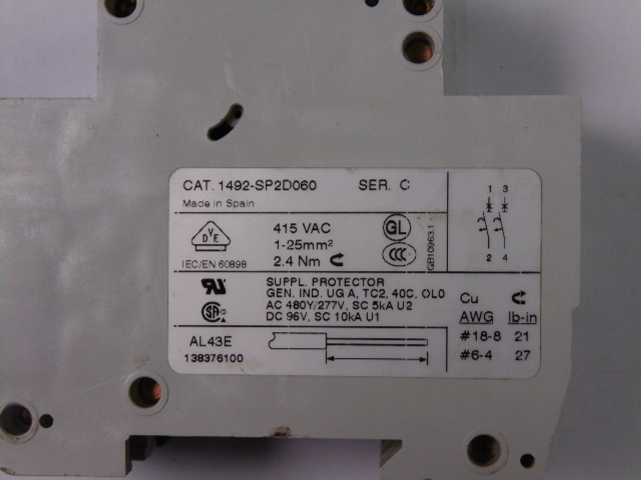 Allen-Bradley 1492-SP2D060 Circuit Breaker 6Amp 415VAC USED