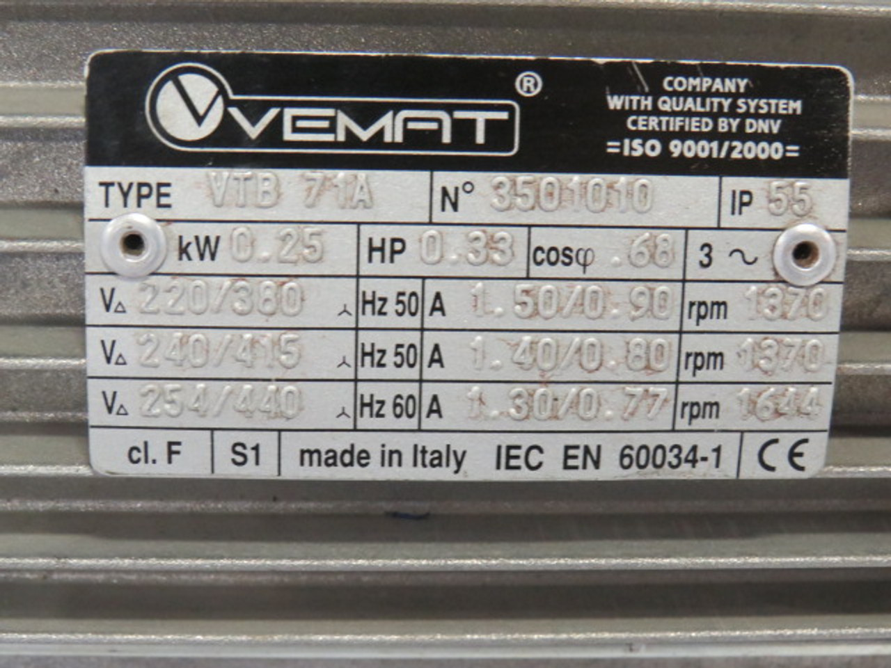 Vemat 0.33HP 1644RPM 254/440V TEFC 3Ph 1.30/0.77A 60Hz USED