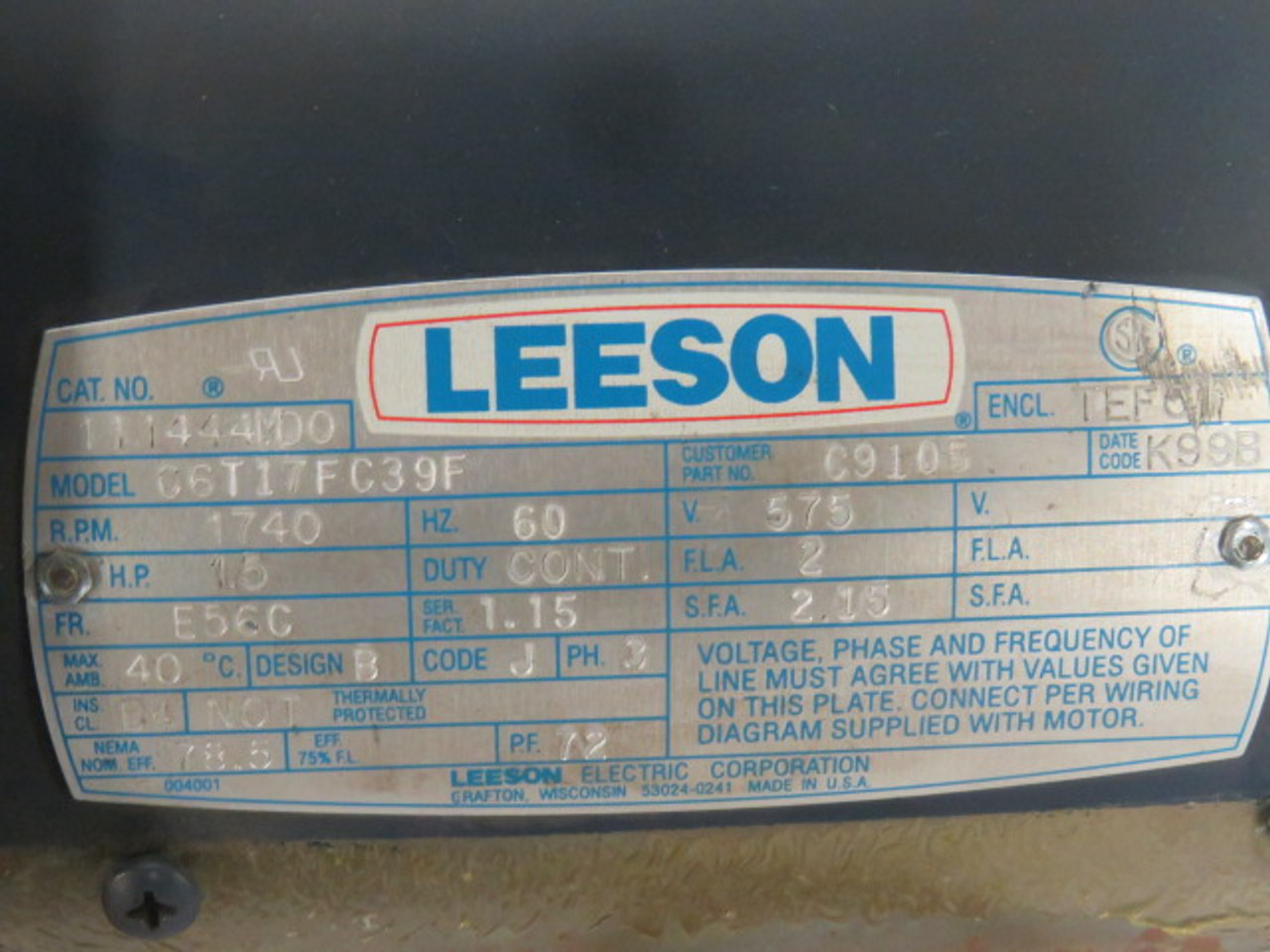 Leeson 1.5Hp 1740Rpm 575V E56C TEFC 3Ph 2A 60Hz USED