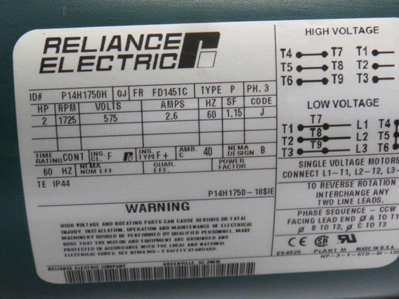 Reliance 2Hp 1725Rpm 575V FD145TC TE 3Ph 2.6A 60Hz USED