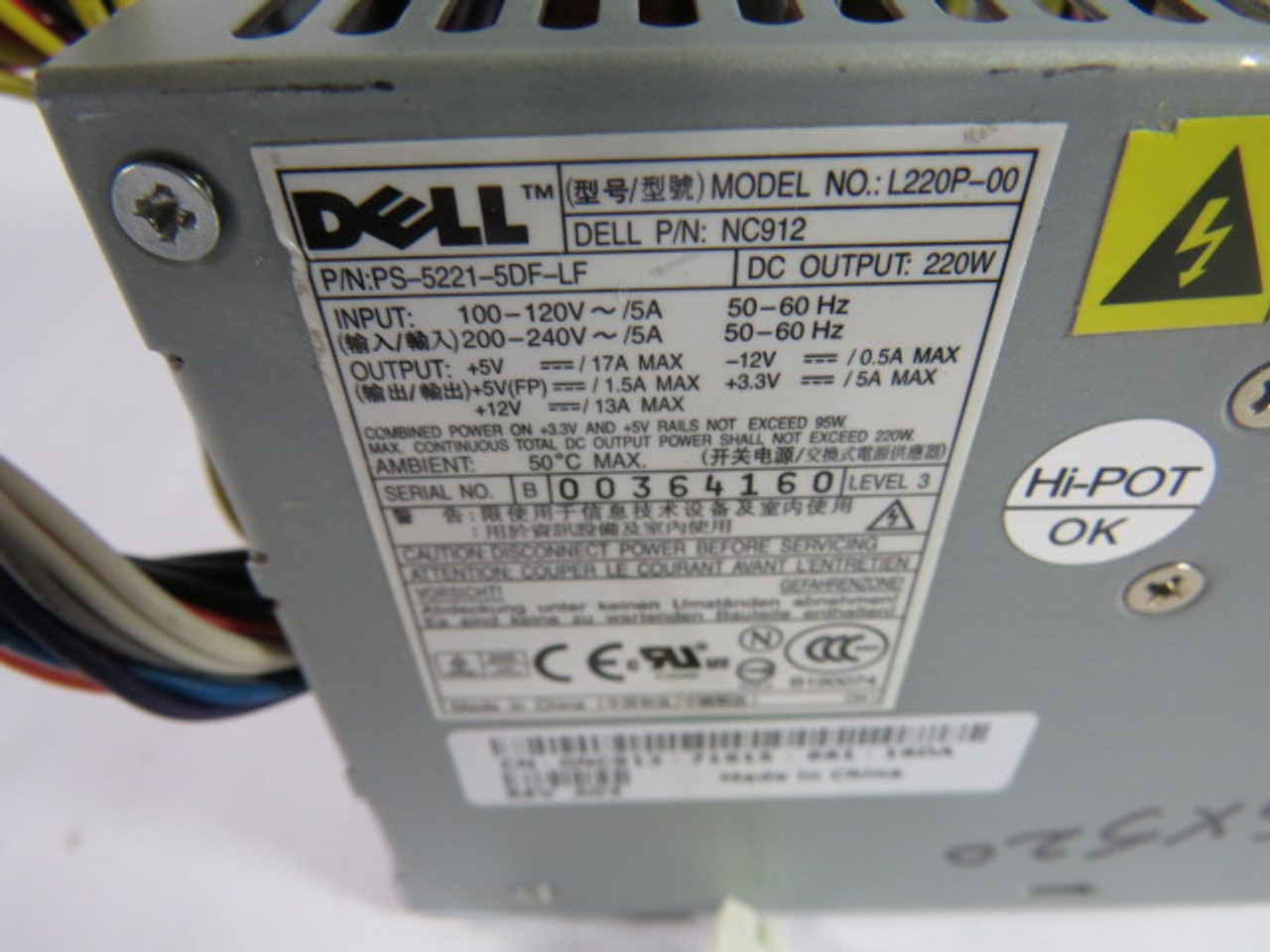 Dell PS-5221-5DF-LF Power Supply 220W Input 100-120V 5A Output +5V 17A USED