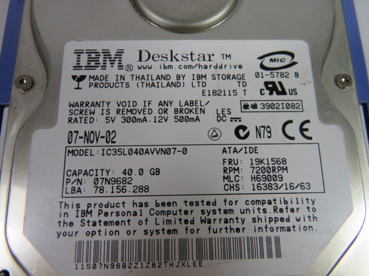 IBM Deskstar IC35L040AVVN07-0 40GB 3.5": IDE Hard Drive USED