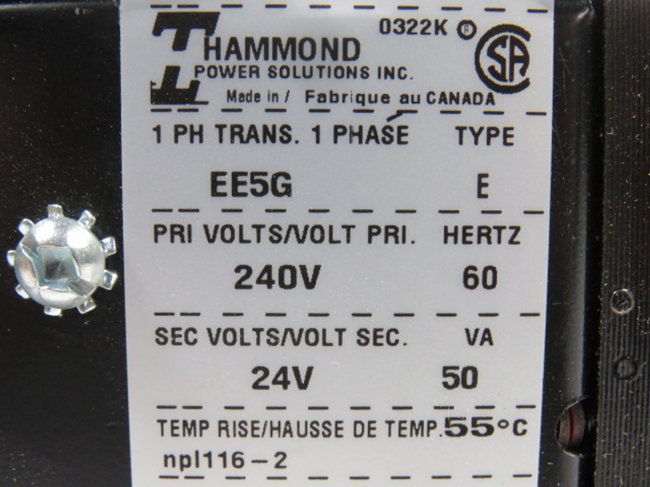 Hammond EE5G Transformer Type E 1Ph PRI 240V SEC 24V 60Hz 50Va ! NEW !