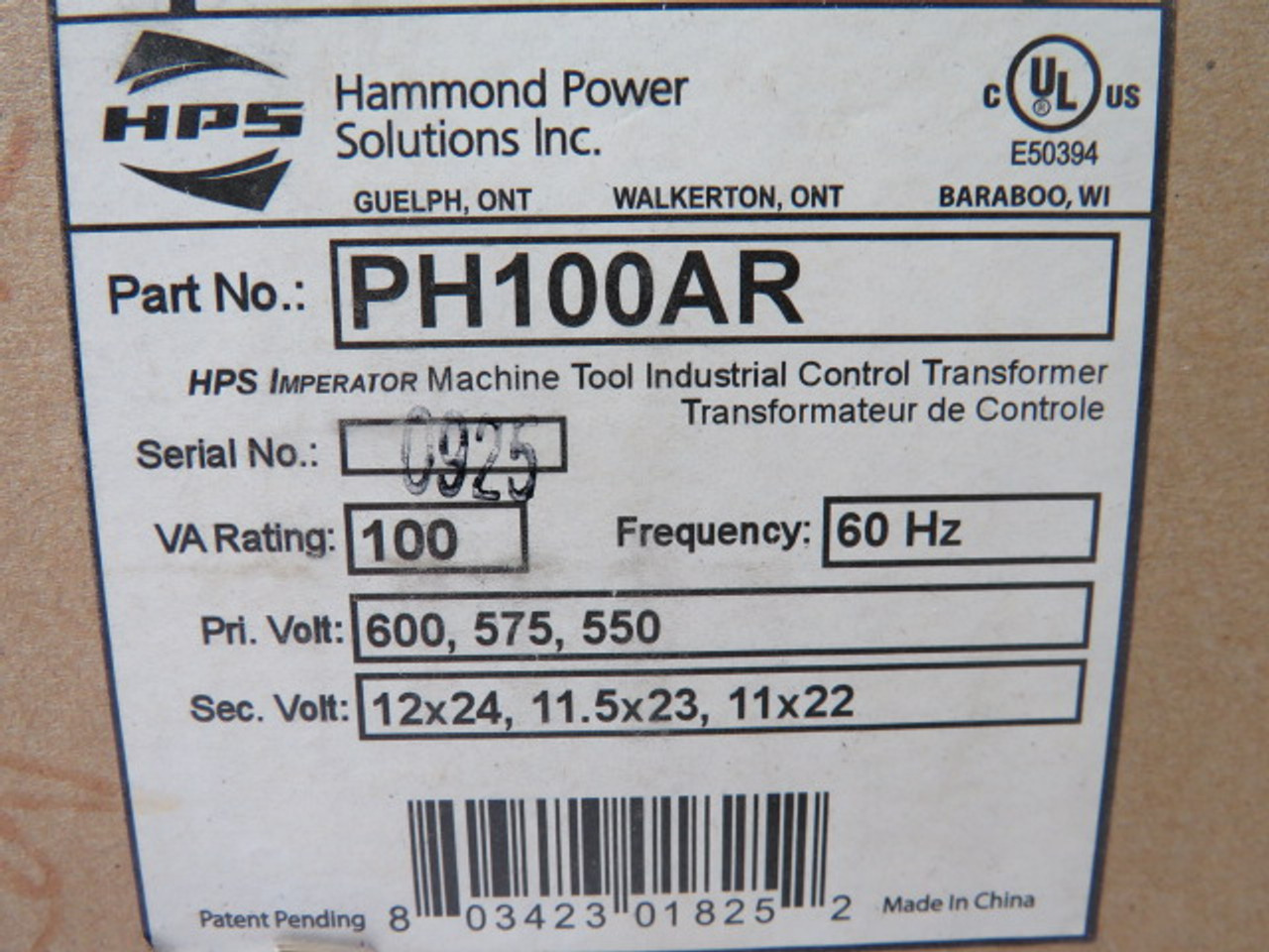 Hammond PH100AR Transformer 100 Va 600 V 60 Hz ! NEW !