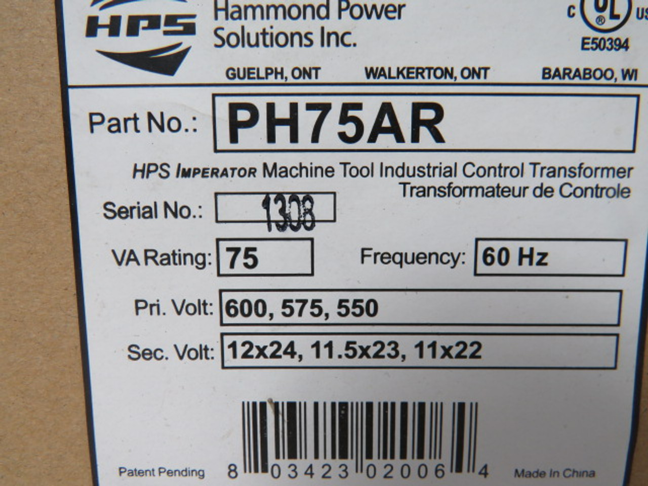 Hammond PH75AR Transformer 75 VA 60 HZ 600 V ! NEW !