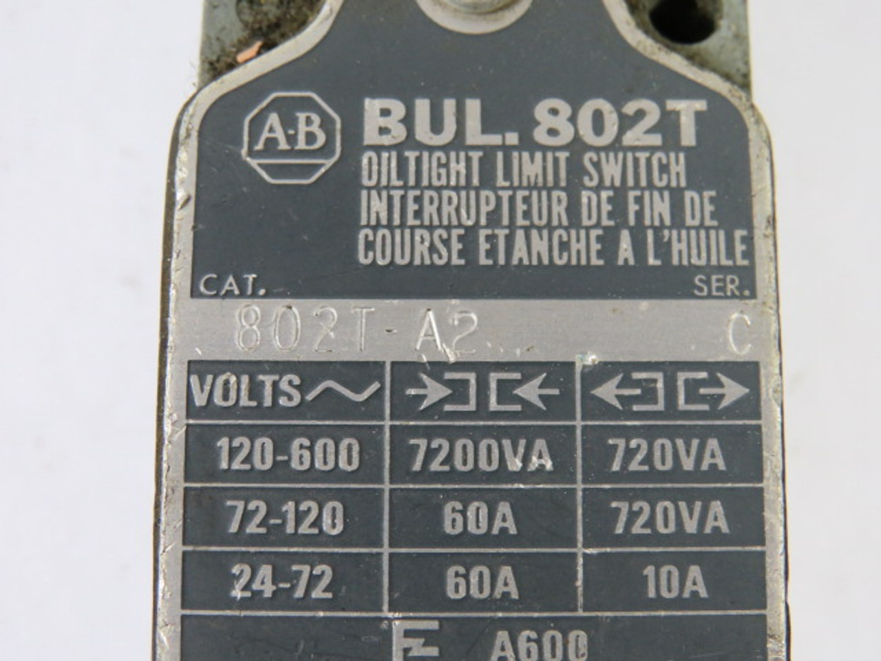 Allen-Bradley 802T-A2 Series C Standard Limit Switch 120-600VAC 10A USED