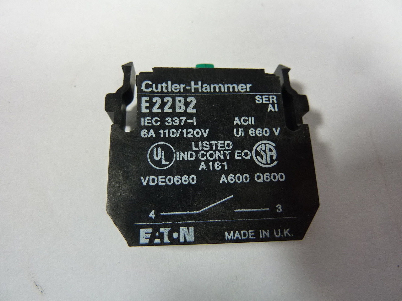 Cutler-Hammer E22B2 Series A1 Contact Block 6A 110/120V 1NO USED