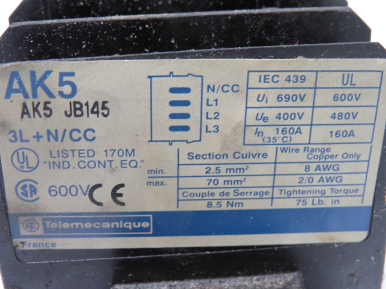 Telemecanique AK5-JB145 160 Amp 560MM Panel Bus Bar USED