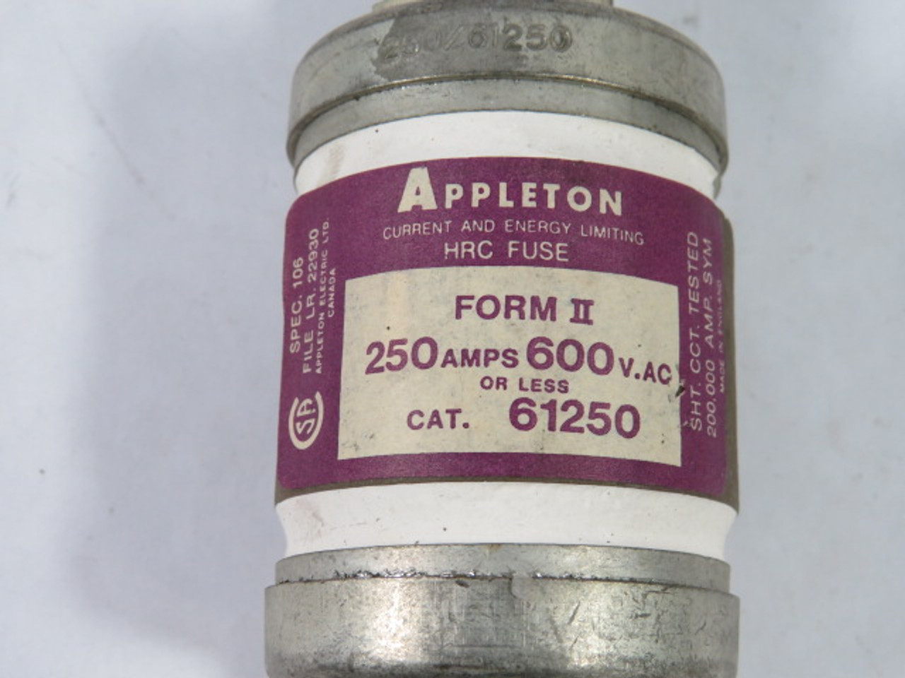 Appleton 61250 Current and Energy Limiting Fuse 250A 600V USED