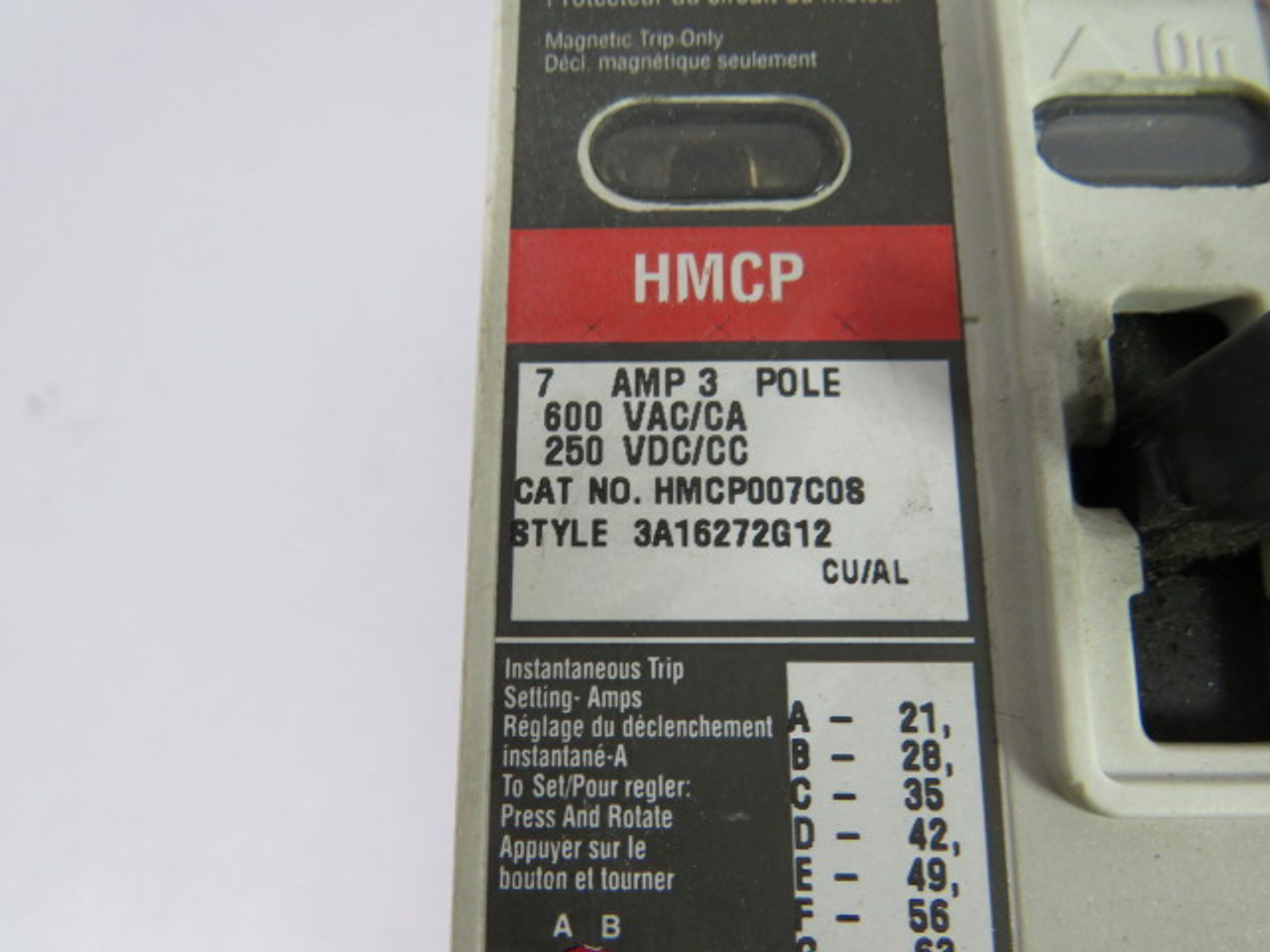 Eaton HMCP007C08 Motor Circuit Breaker 7A 3-Pole 600VAC 250VDC USED