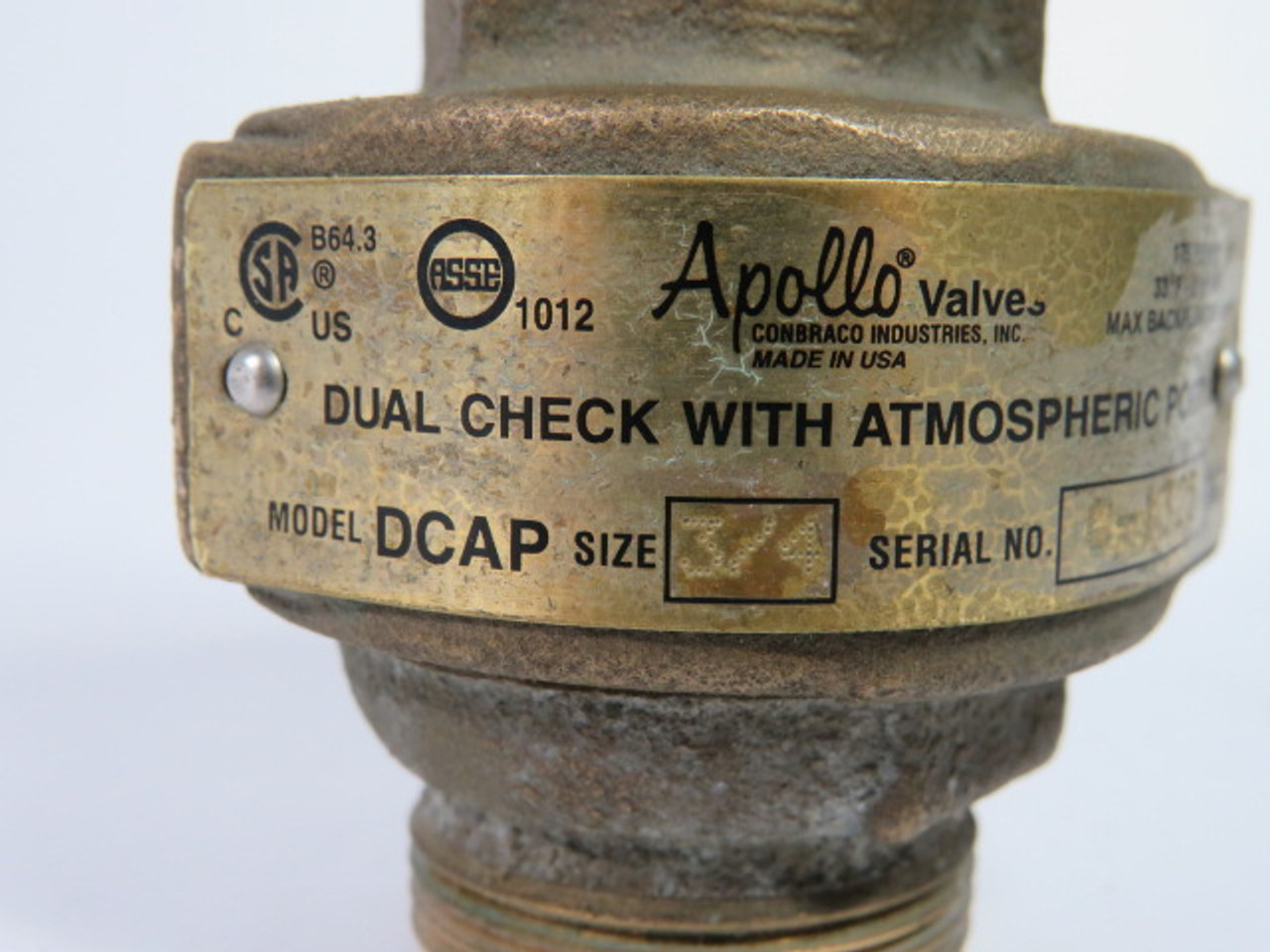 Apollo DCAP-3/4 Dual Check Valve W/ Atmospheric Port 3/4" USED