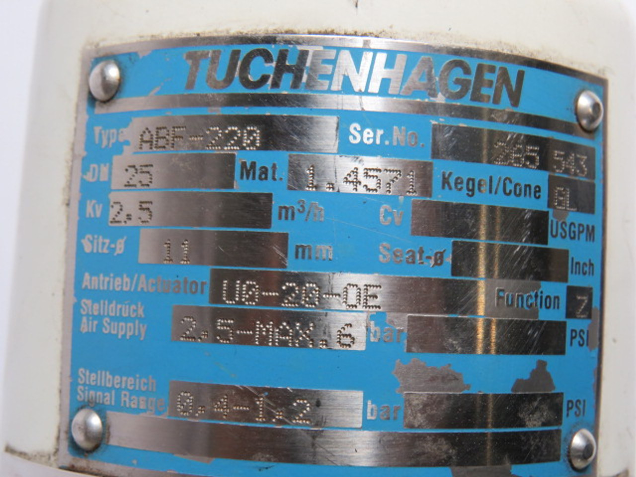 Tuchenhagen ABF220 Modulating Control Valve C/W Electro-Pneumatic USED