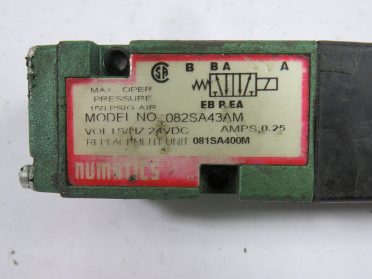 Numatics 082SA43AM Solenoid Valve 24VDC 0.25A 150PSIG USED