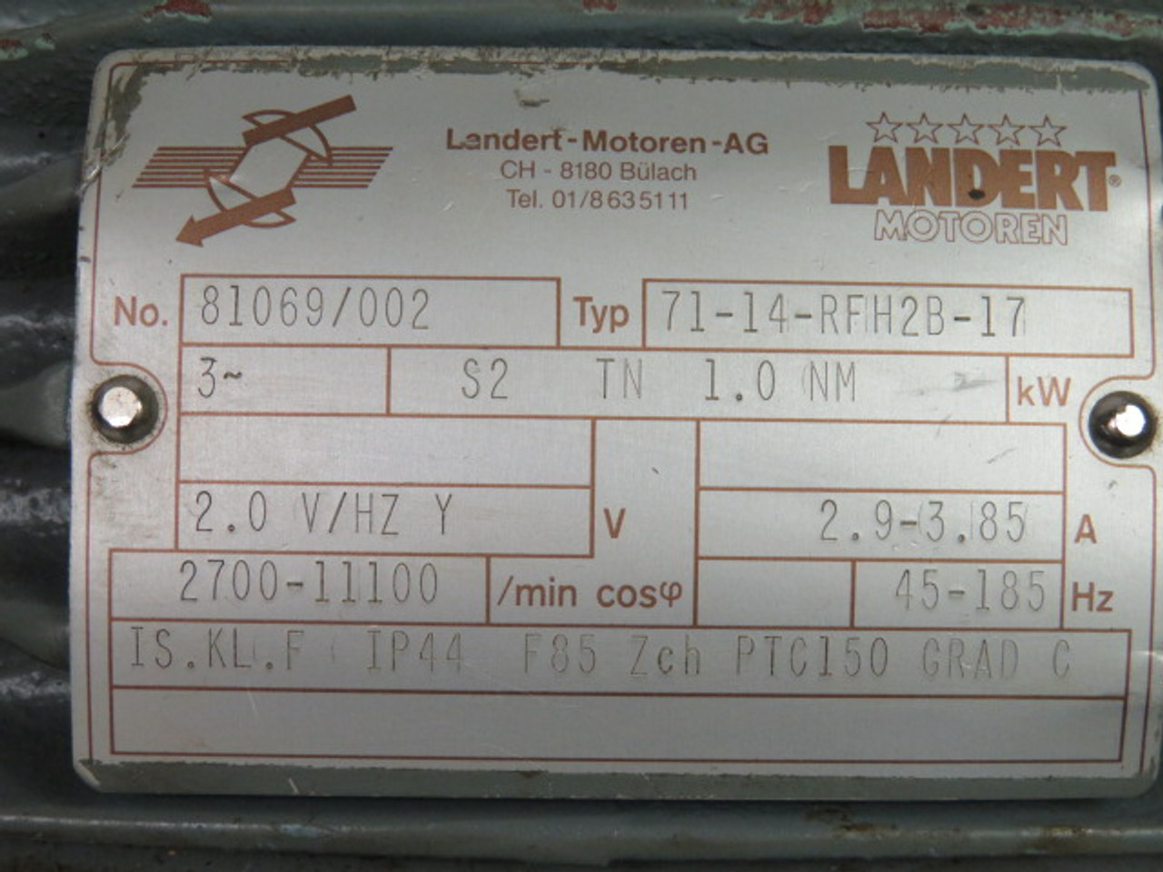 Landert 1kW 2700-11100RPM 2.0V TEFC 3Ph 2.9-3.85A 45-185Hz ! AS IS !