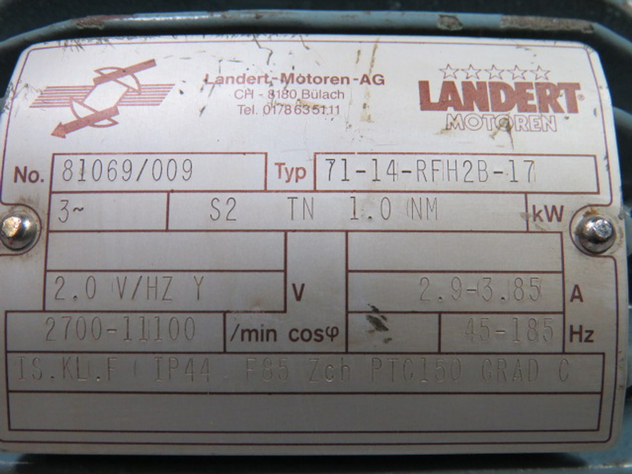 Landert 1kW 2700-11100RPM 2.0V TEFC 3Ph 2.9-3.85A 45-185Hz USED
