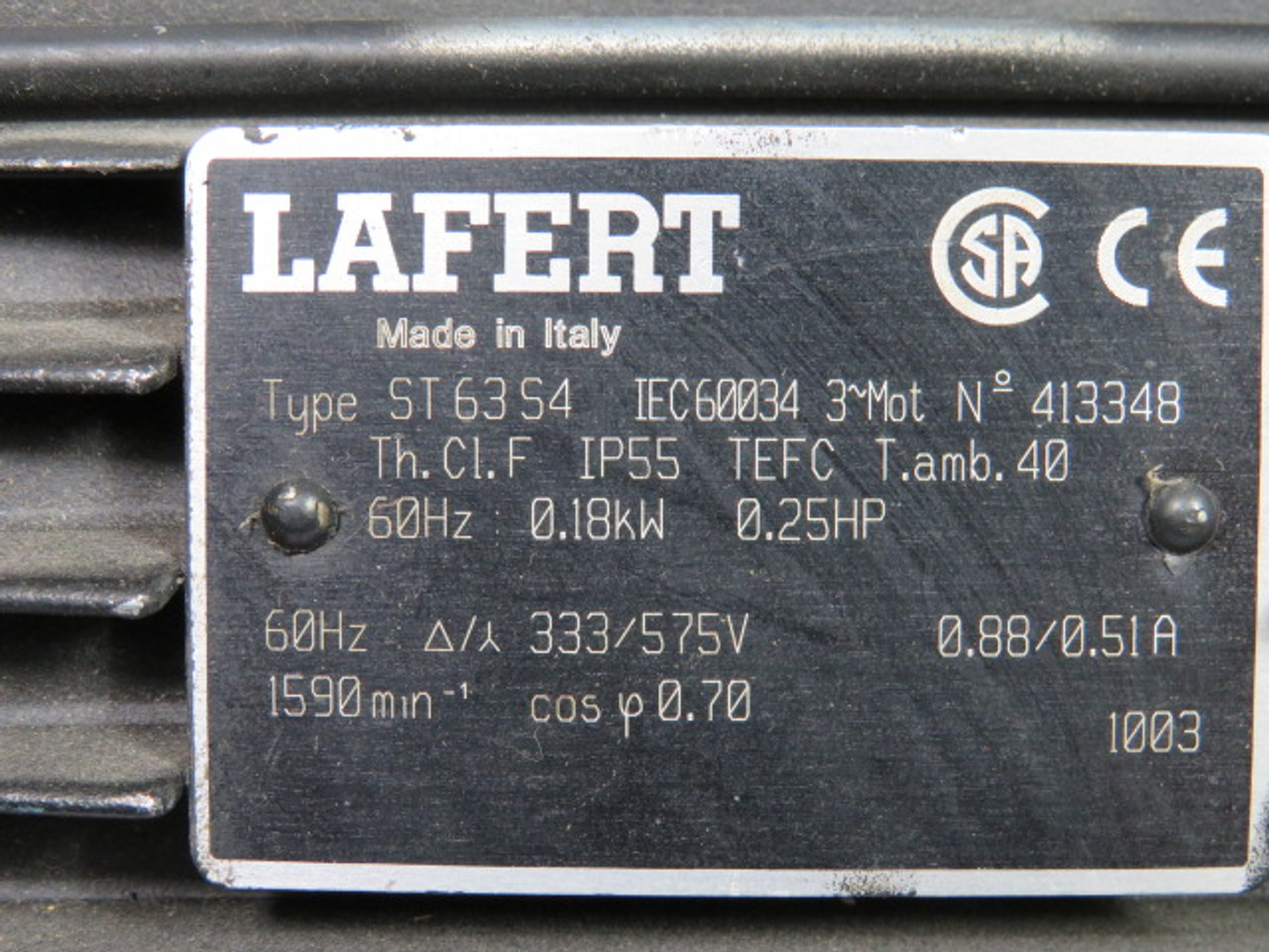 Lafert .25HP 1590RPM 333/575V 63S4 TEFC 3Ph 0.88/.51A 60Hz USED