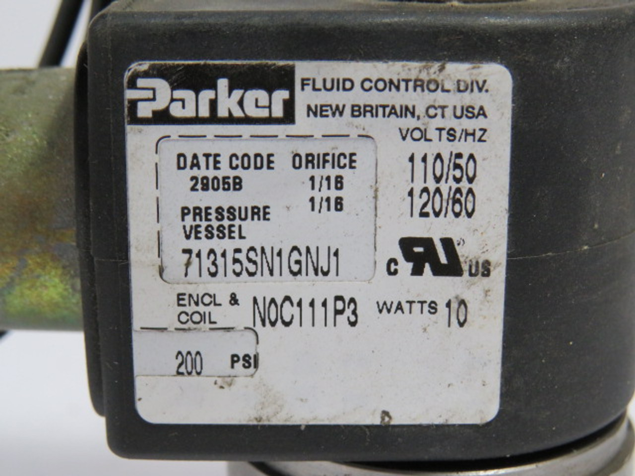 Parker 71315SN1GNJ1N0L111P3 Solenoid Valve Coil 110/120V 50/60 Hz 10W  USED