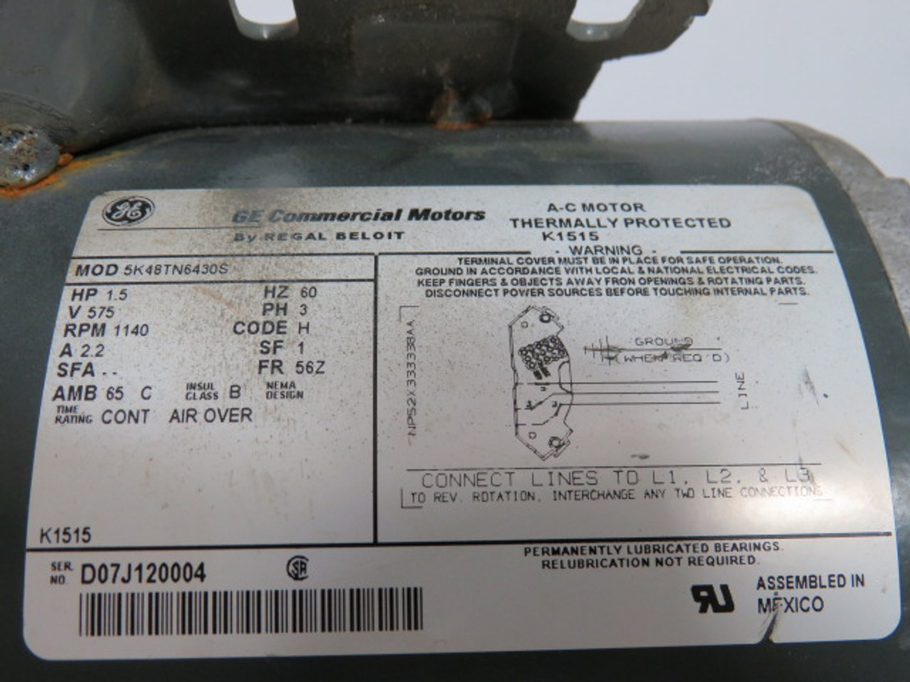 General Electric 1.5HP 1140RPM 575V 56Z DP 3Ph 2.2A 60Hz USED