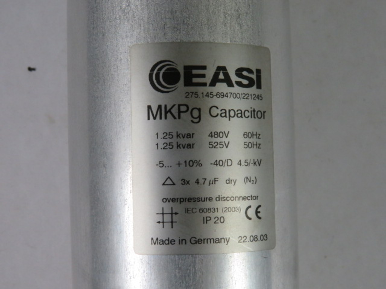 EASI 275.145-694700 MKPg Capacitor 1.25kvar 480/525V 50/60Hz USED