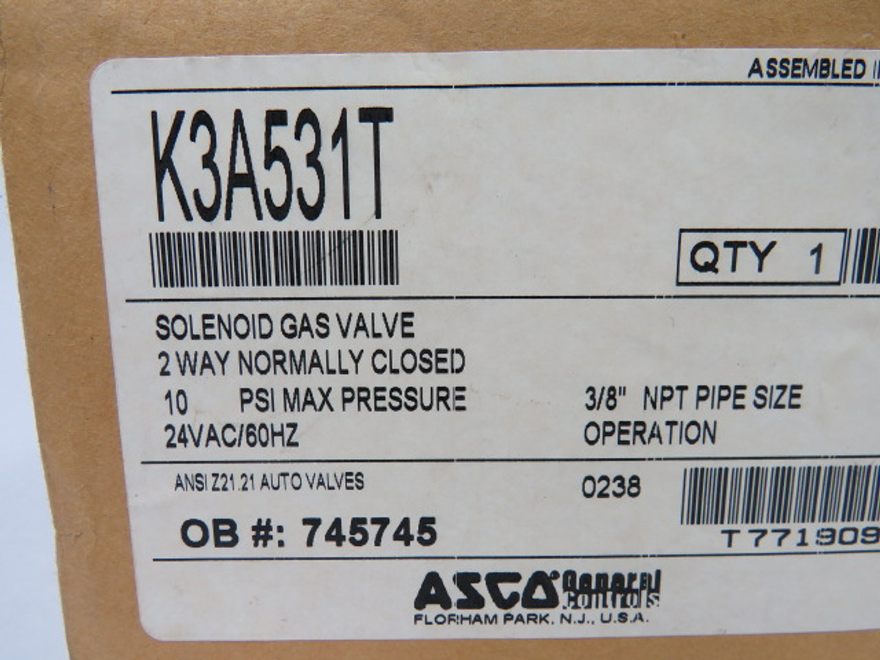 Asco K3A531T Solenoid Gas Valve 2 Way 3/8" NPT 24Vac 60Hz 10 PSI ! NEW !