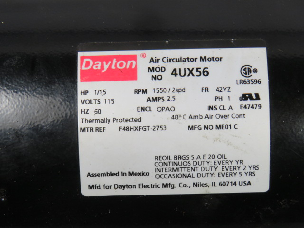 Dayton 1/15HP 1550RPM 115V 42YZ OPAO 1Ph 2.5A 60Hz USED