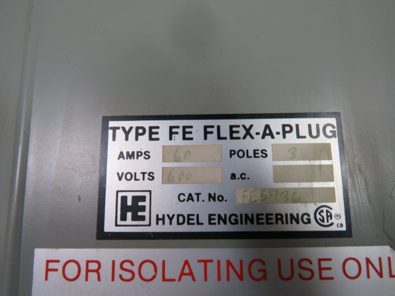 Hydel FE5736 Flex-A-Plug Fusible Disconnect Switch 60A 600V 3-Pole USED