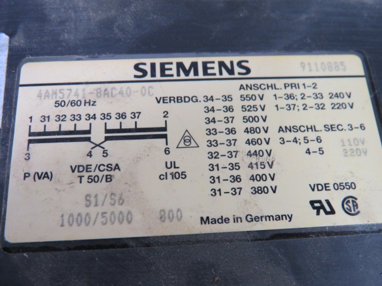 Siemens 4AM5741-8AC4-0C Transformer 1/5kVA Pri 220/240V Sec 110/120V USED