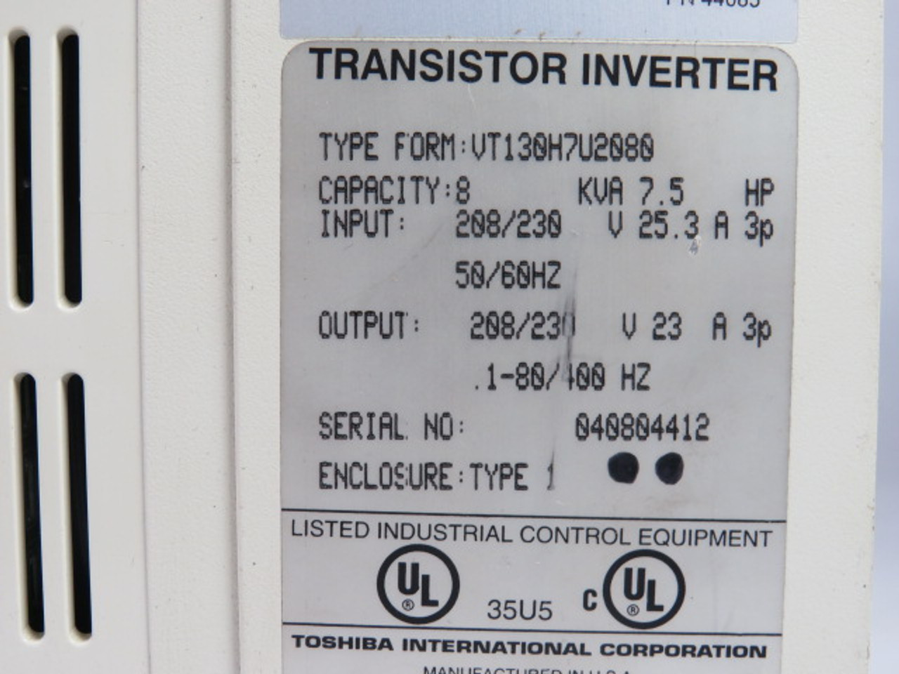 Toshiba VT130H7U2080 Transistor Inverter 7.5HP 8KVA 208/230V 25.3A 3P ! AS IS !