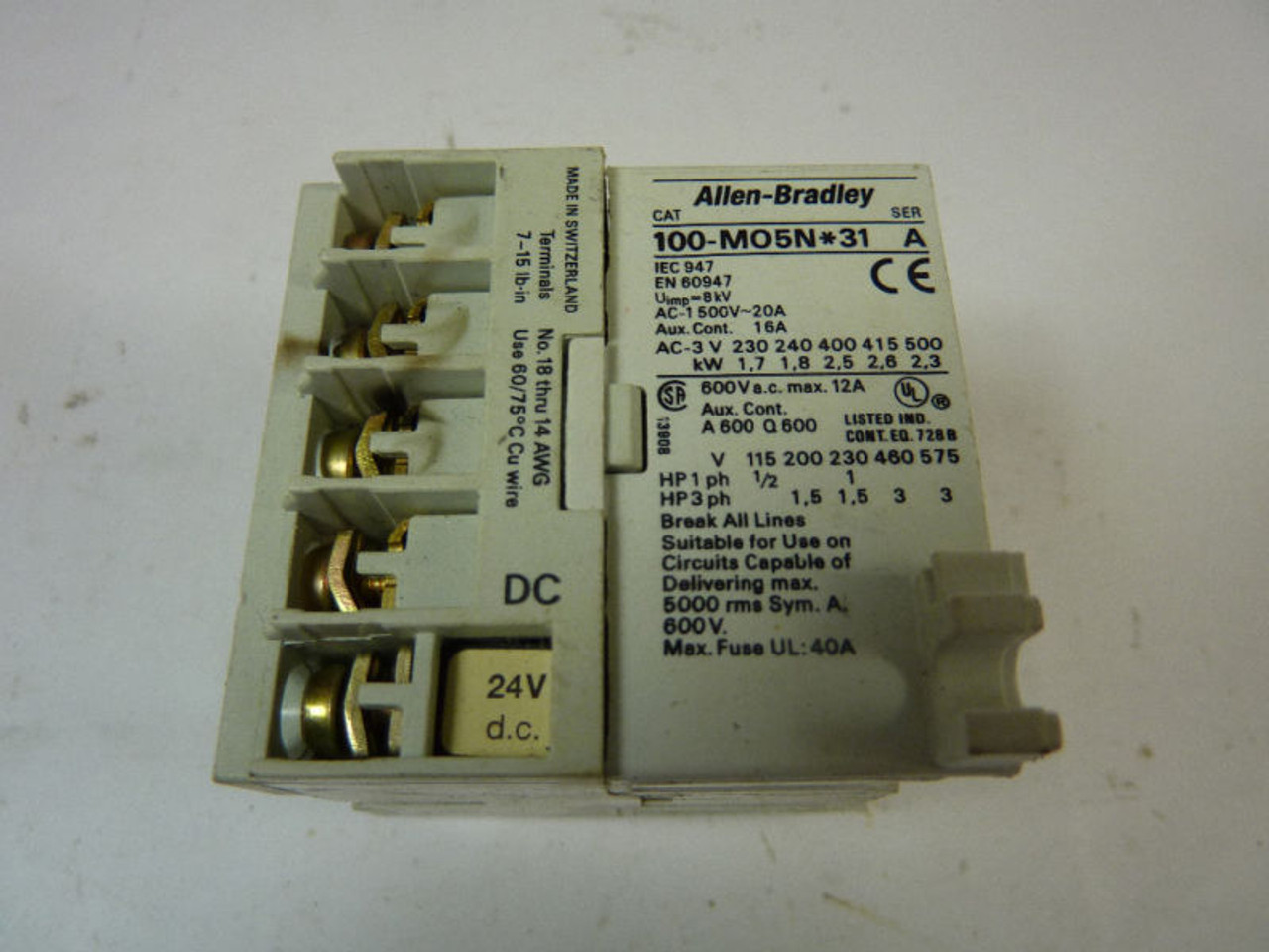 Allen-Bradley 100-MO5NKD31 Contactor 20 Amp 24VDC USED