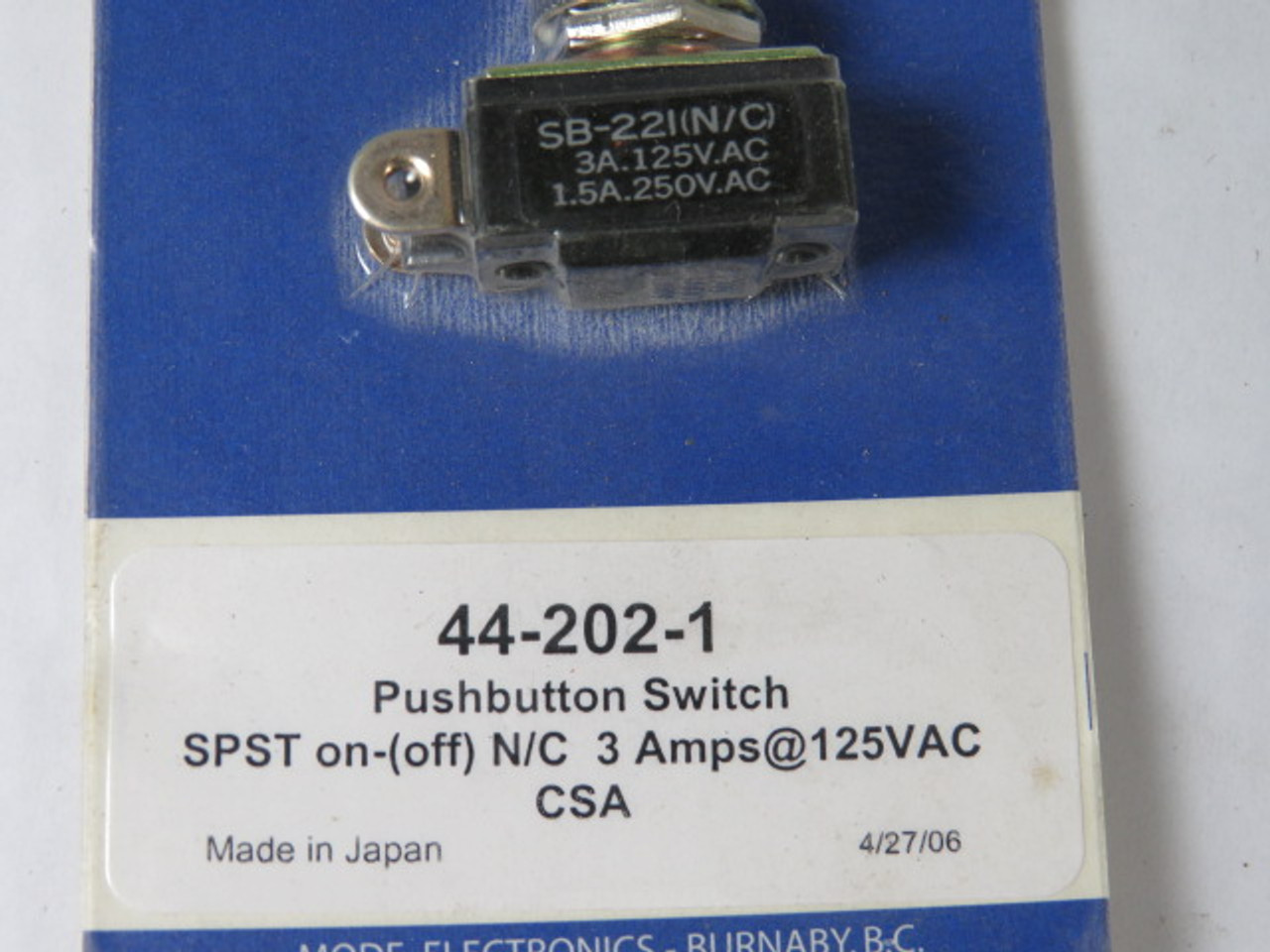 Mode Electronics 44-202-1 Pushbutton Switch 3A 125VAC ! NEW !