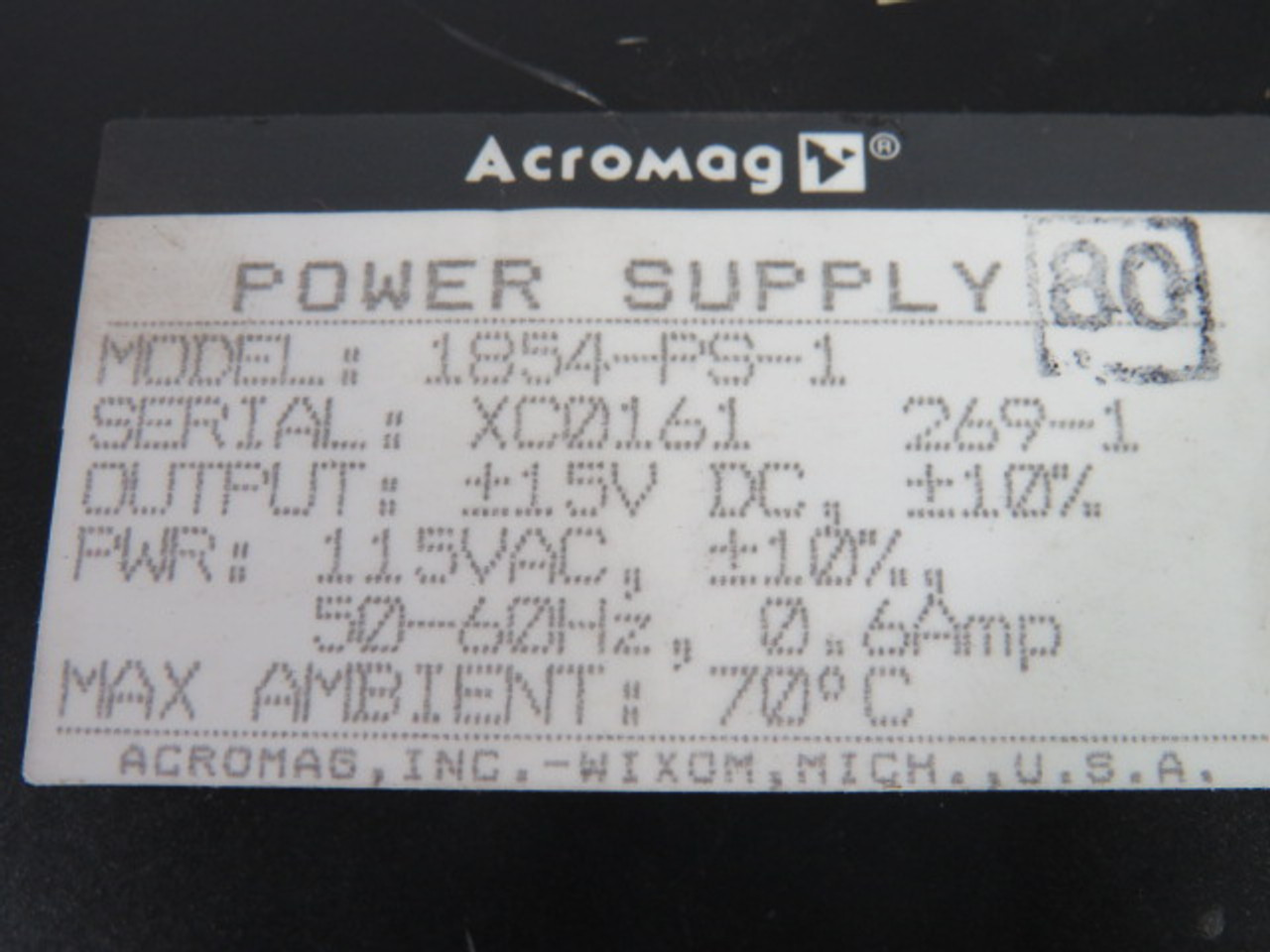 Acromag 1854-PS-1 Power Supply 115VAC 50/60Hz 0.6A 15VDC USED