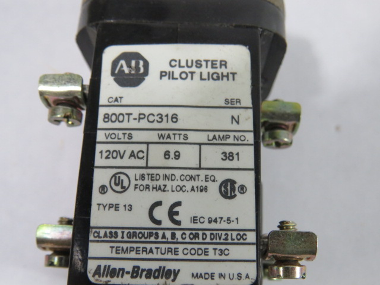 Allen-Bradley 800T-PC316 Cluster Pilot Light 120VAC 50/60Hz No Cap USED