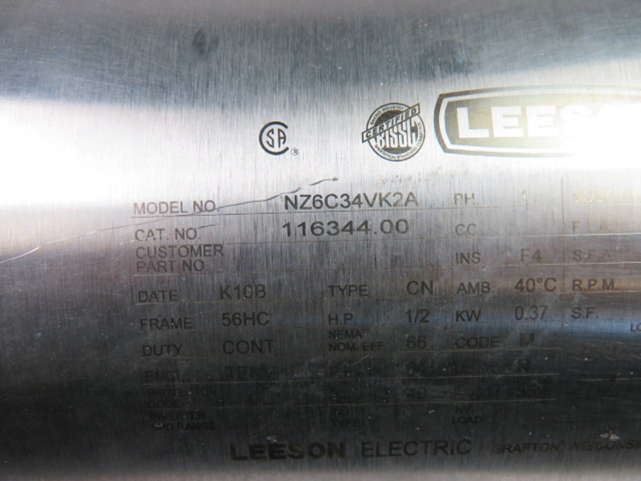 Leeson Motor 1/2HP 3450RPM 115/208-230V 56HC TENV 1Ph 7.6A 60Hz USED