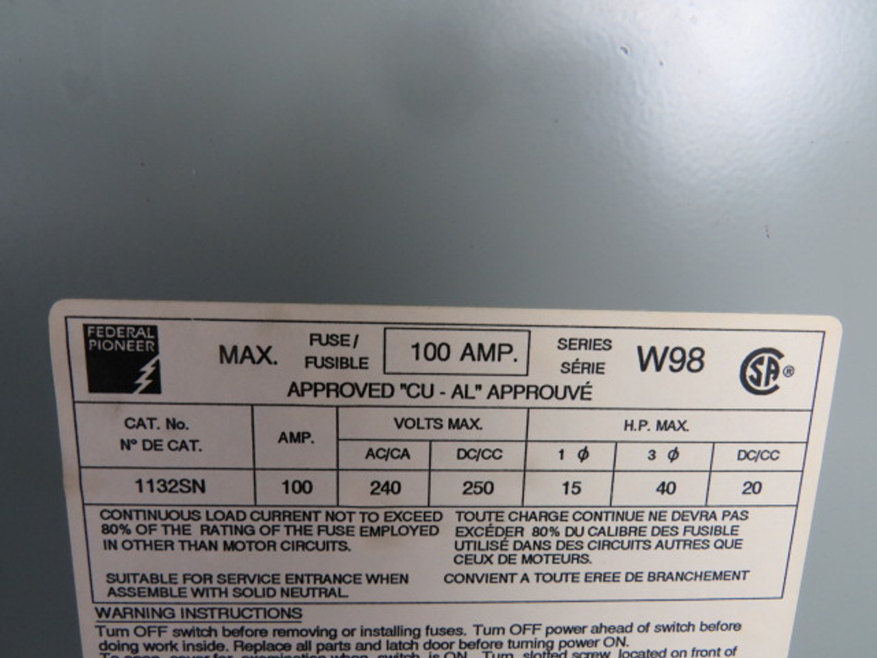 Federal Pacific 1132SN Enclosure for Disconnect Switch USED