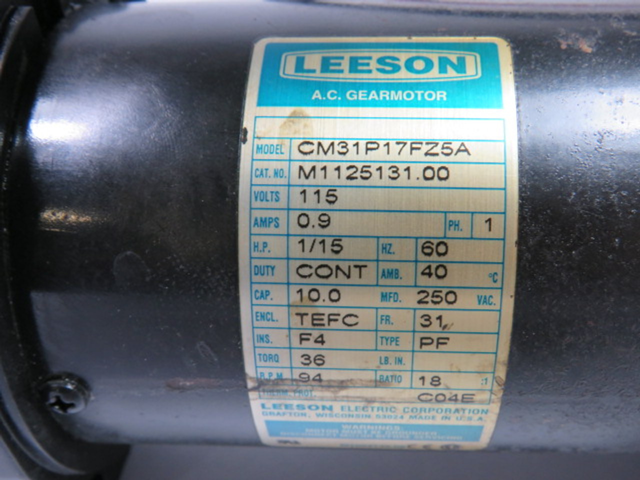 Leeson 1/15Hp 94RPM 115V 31 TEFC 1Ph .9A 60Hz C/W Gear Reducer 18:3 USED